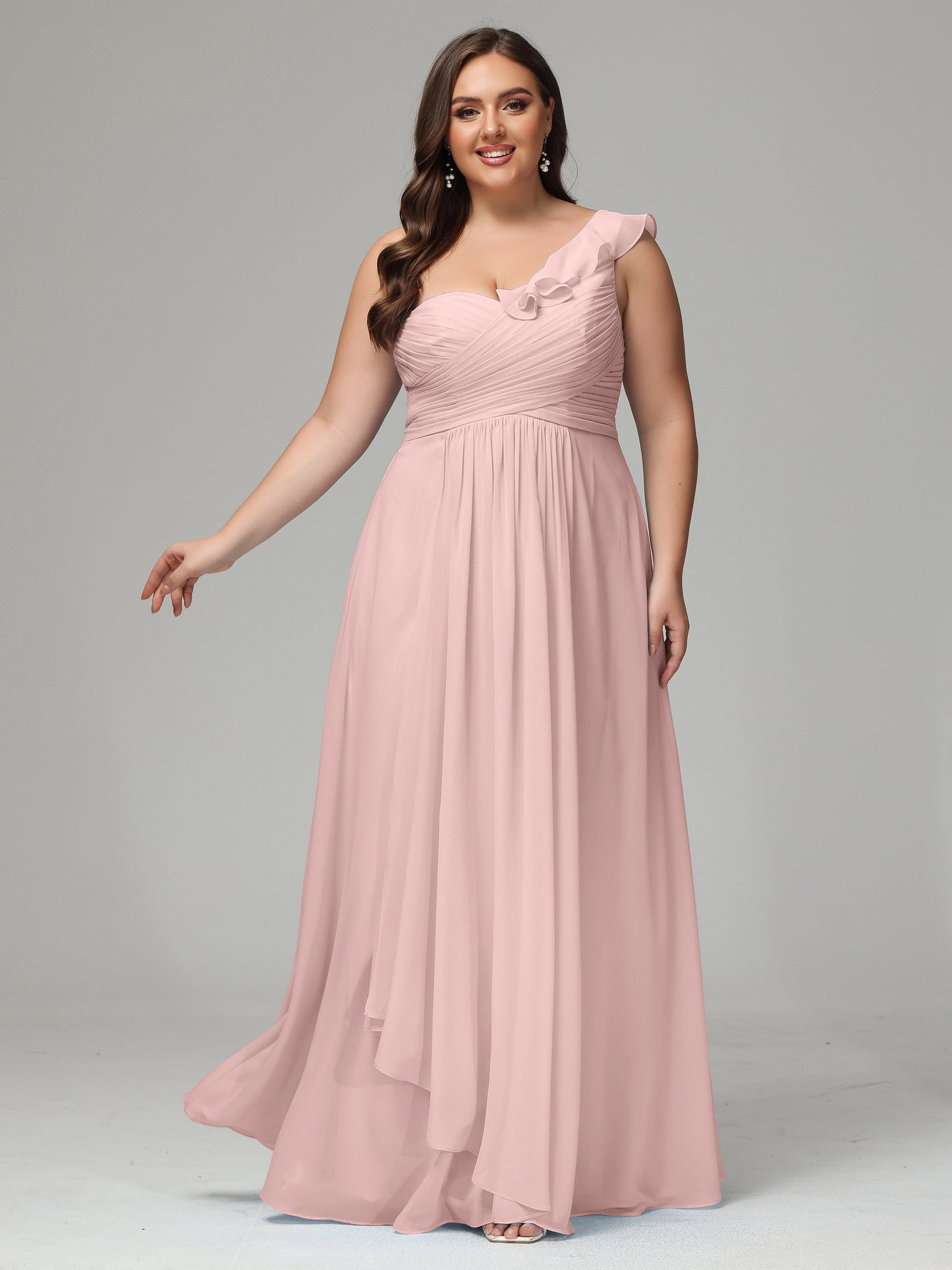 One-Shoulder Ruffles Plus Size Chiffon Bridesmaid Dresses
