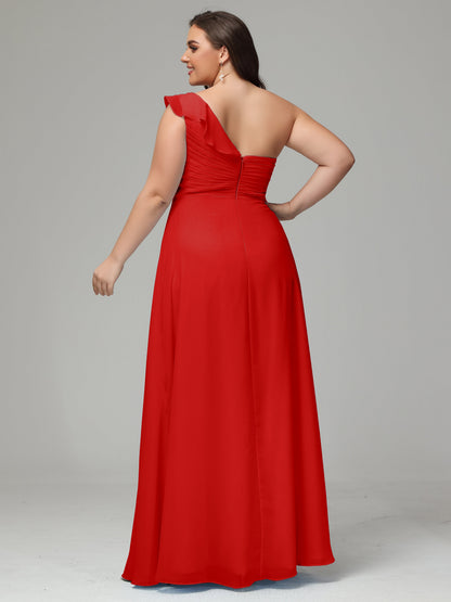 One-Shoulder Ruffles Plus Size Chiffon Bridesmaid Dresses