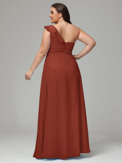 One-Shoulder Ruffles Plus Size Chiffon Bridesmaid Dresses