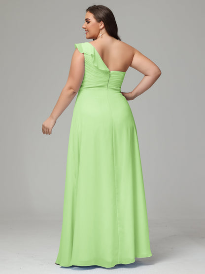 One-Shoulder Ruffles Plus Size Chiffon Bridesmaid Dresses