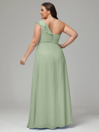 One-Shoulder Ruffles Plus Size Chiffon Bridesmaid Dresses