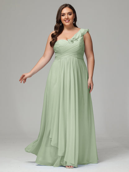 One-Shoulder Ruffles Plus Size Chiffon Bridesmaid Dresses