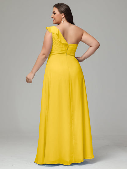 One-Shoulder Ruffles Plus Size Chiffon Bridesmaid Dresses