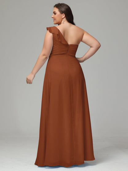 One-Shoulder Ruffles Plus Size Chiffon Bridesmaid Dresses