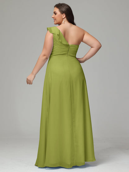 One-Shoulder Ruffles Plus Size Chiffon Bridesmaid Dresses