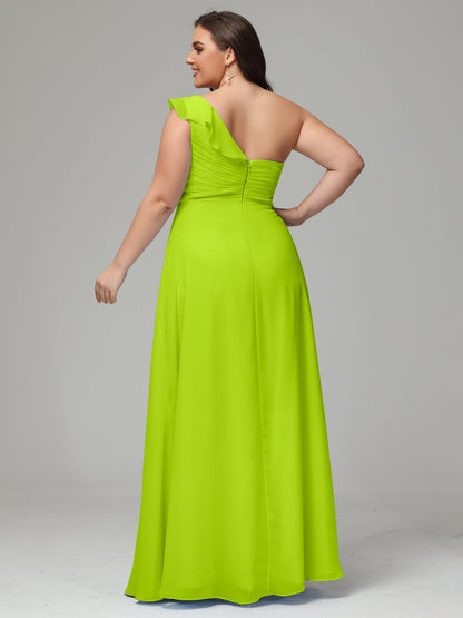 One-Shoulder Ruffles Plus Size Chiffon Bridesmaid Dresses