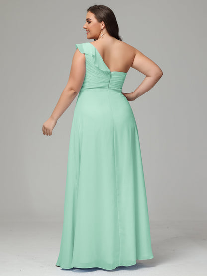 One-Shoulder Ruffles Plus Size Chiffon Bridesmaid Dresses