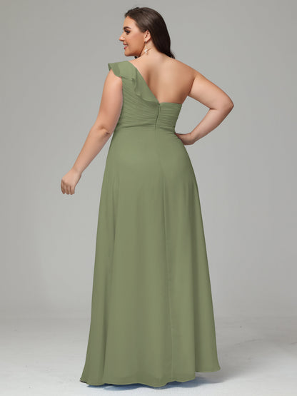 One-Shoulder Ruffles Plus Size Chiffon Bridesmaid Dresses