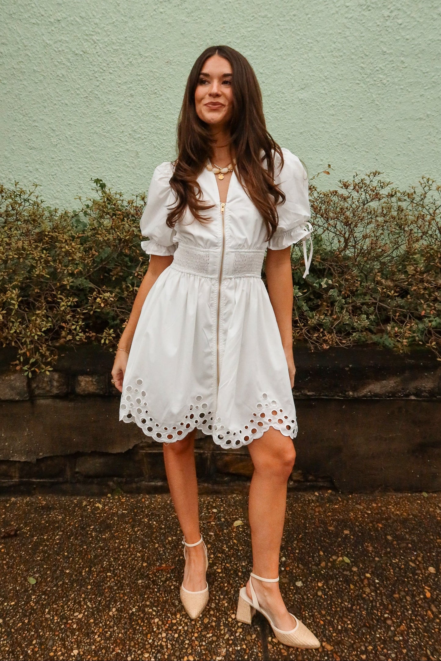 Belinda White Zip-Up Eyelet Mini Dress