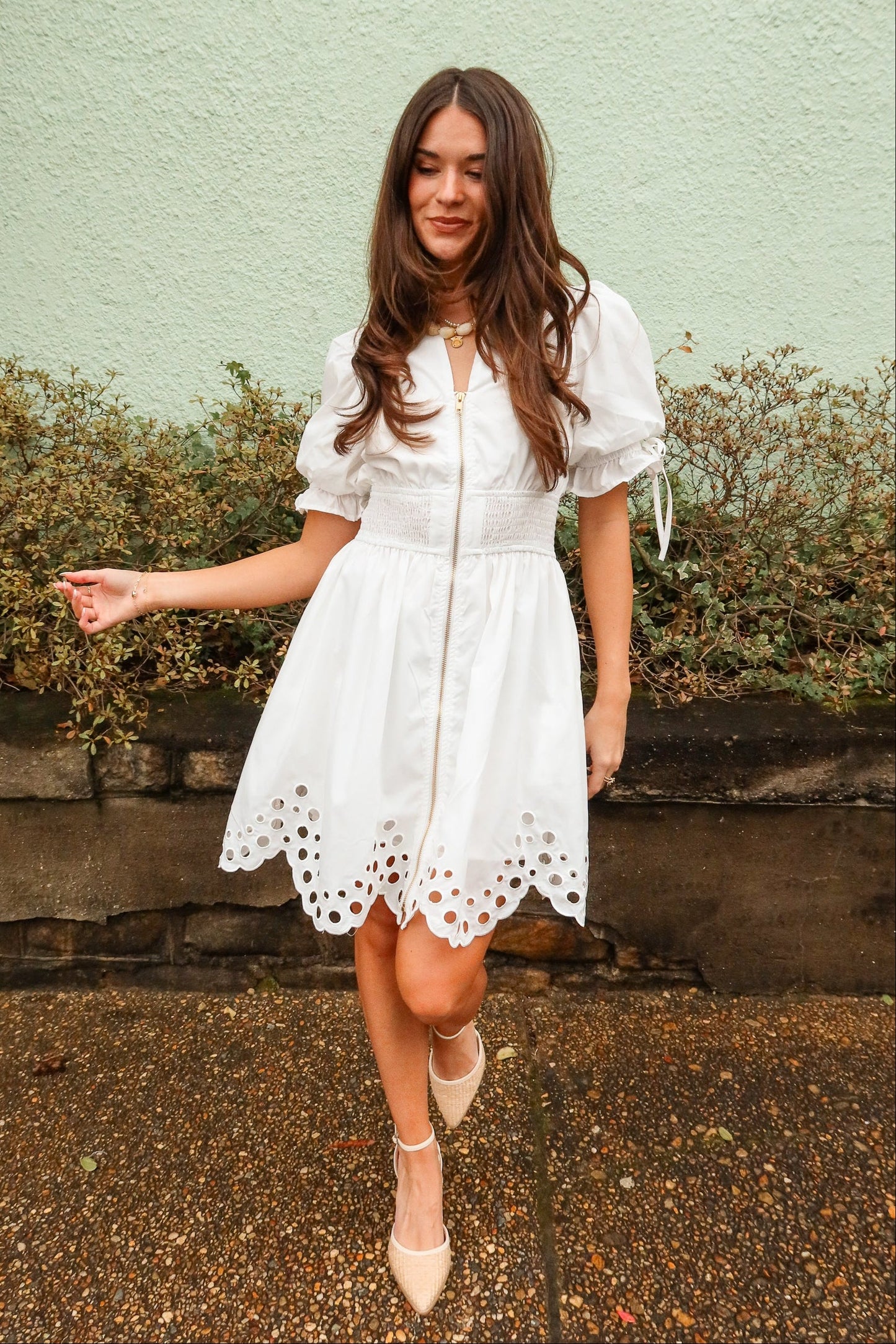 Belinda White Zip-Up Eyelet Mini Dress