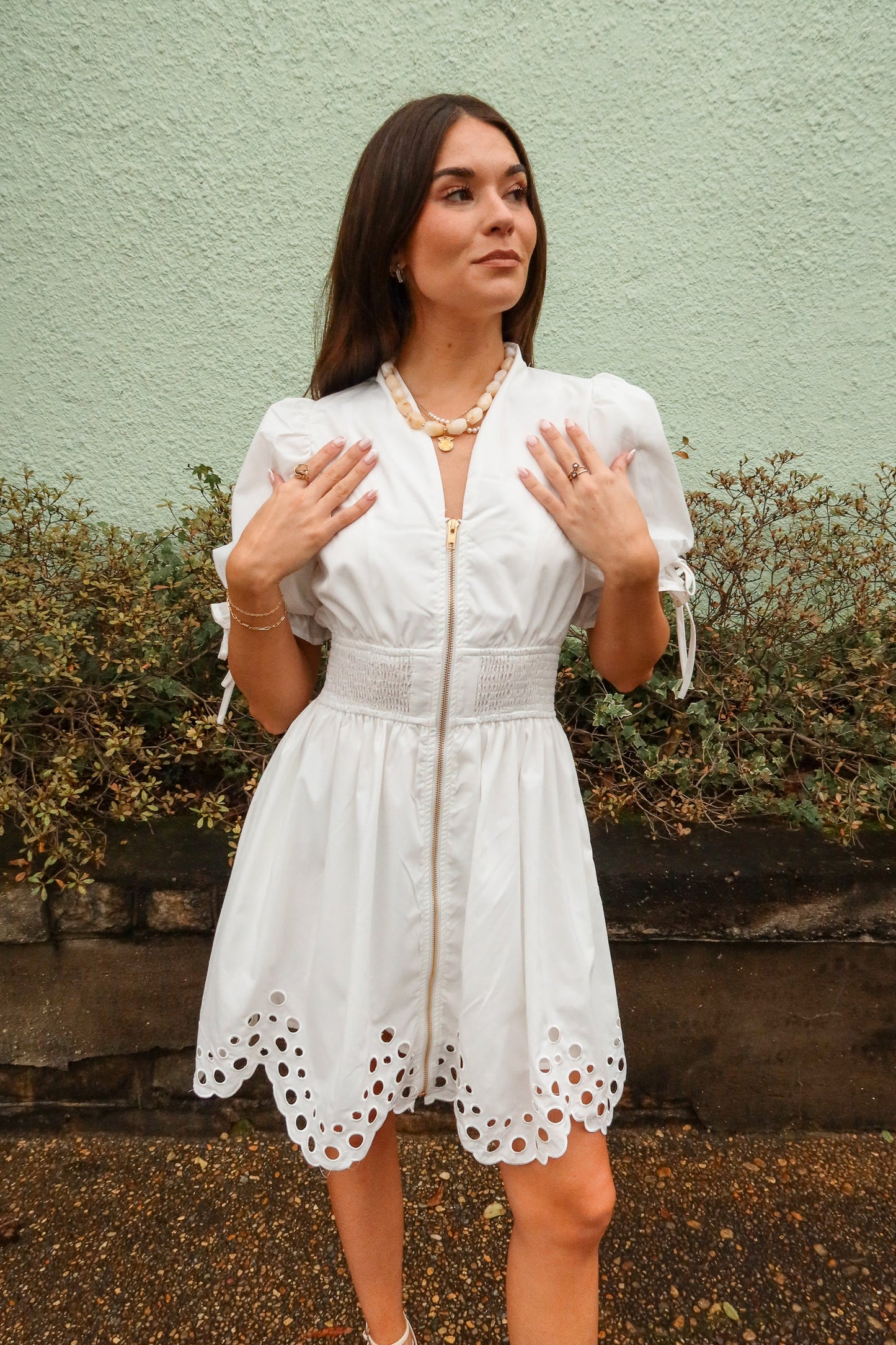 Belinda White Zip-Up Eyelet Mini Dress