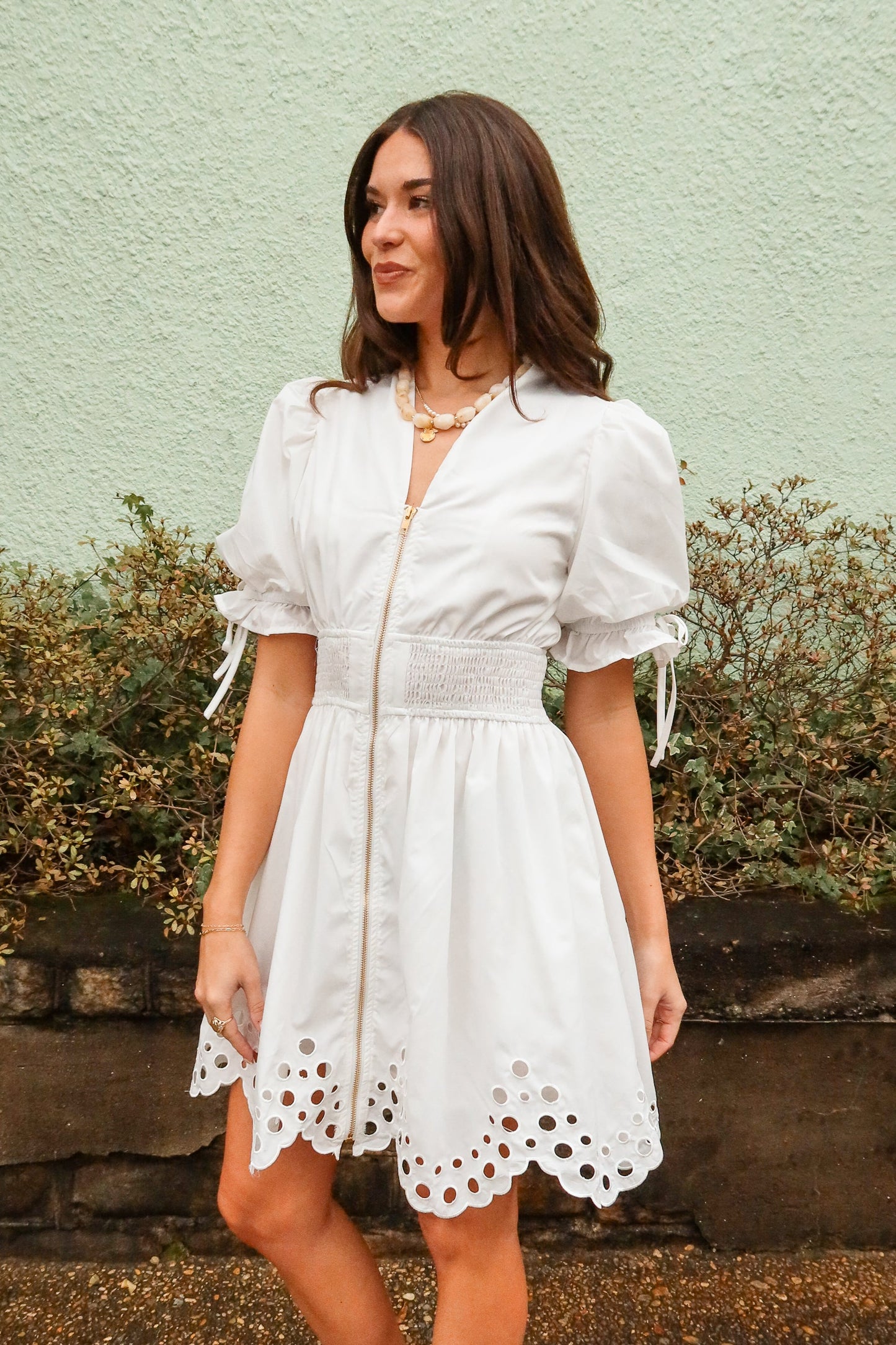 Belinda White Zip-Up Eyelet Mini Dress