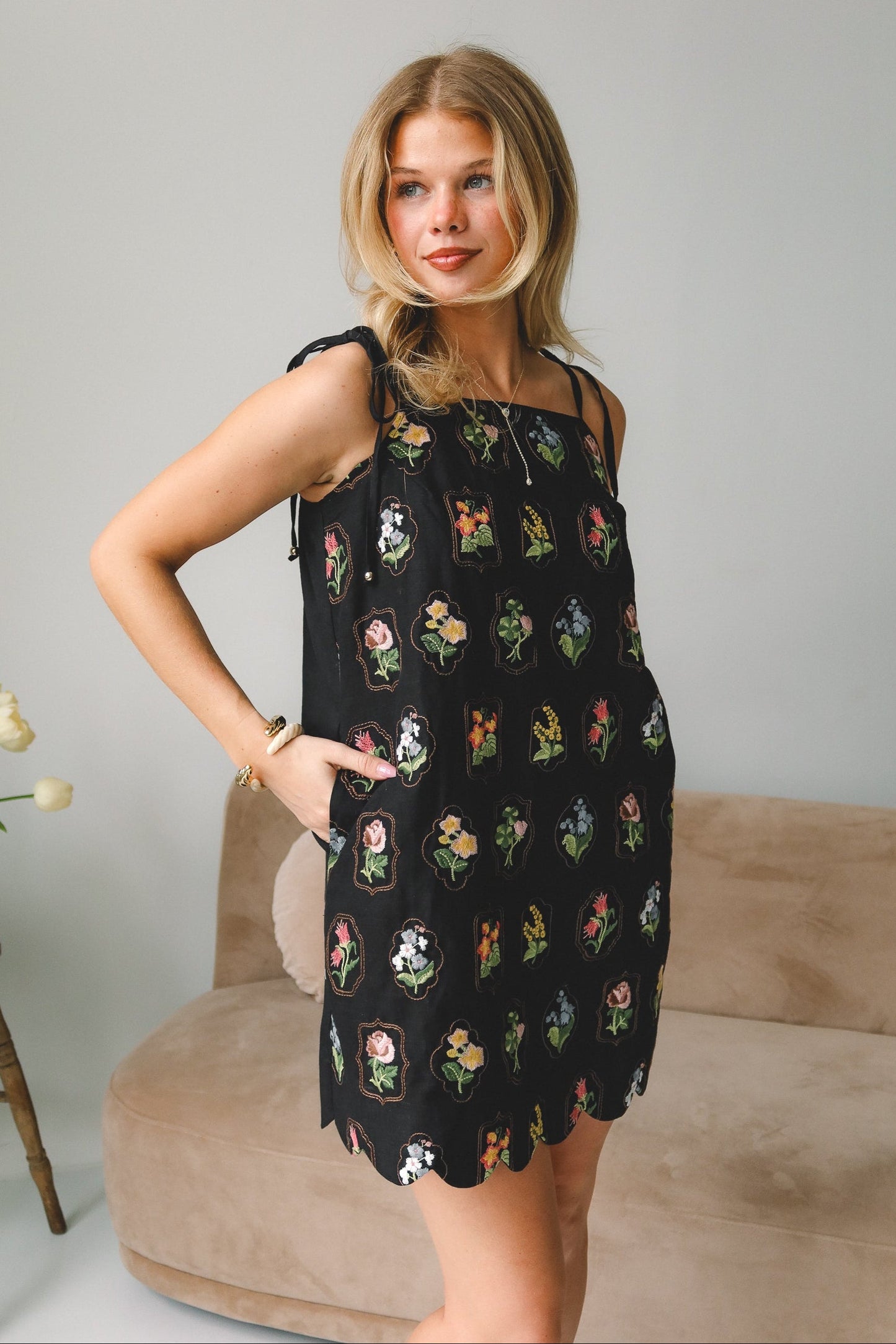 Baylor Black Multi Floral Scallop Mini Dress