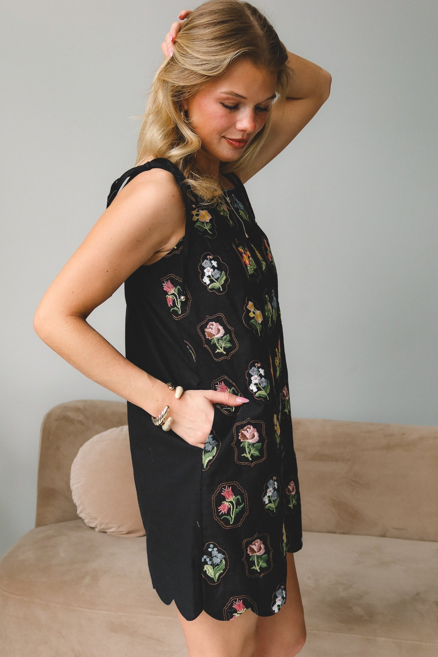 Baylor Black Multi Floral Scallop Mini Dress
