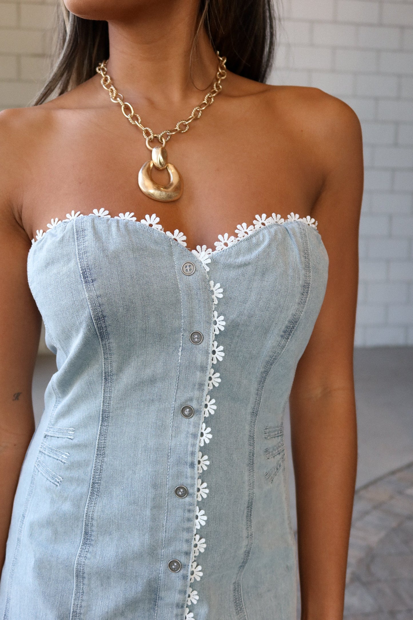 Lena Light Denim & White Lace Floral Mini Dress