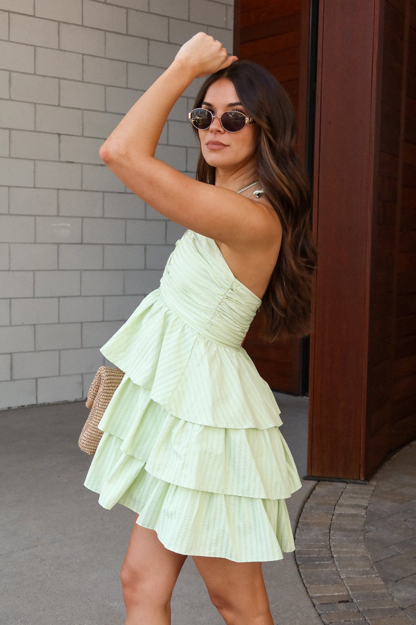 Cierra Light Green Tiered Halter Mini Dress