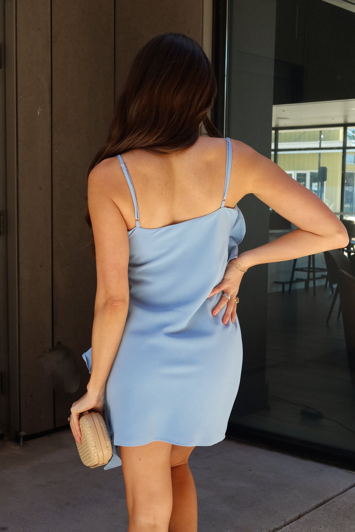 Cecilia Blue Cowl Neck Ruffled Mini Dress