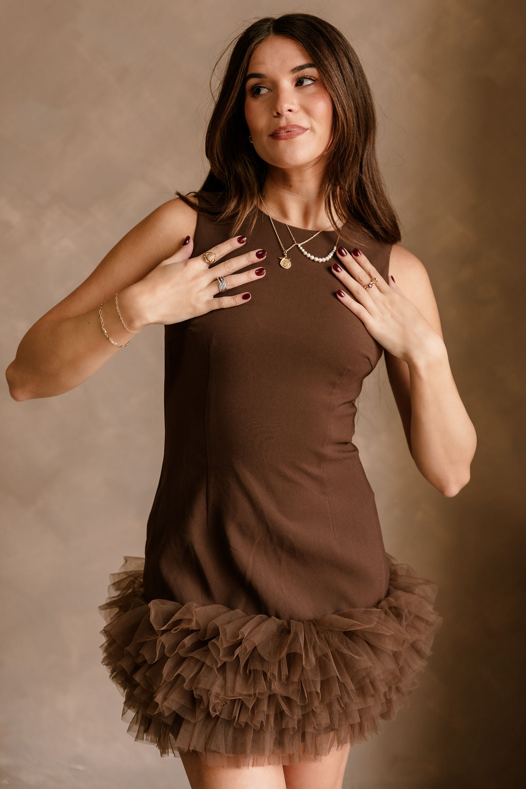Scarlett Brown Tulle Trim Mini Dress