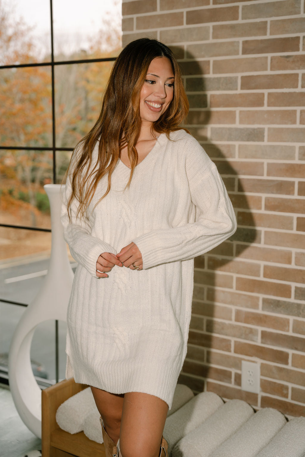 Kamila Ivory Cable Knit Sweater Dress