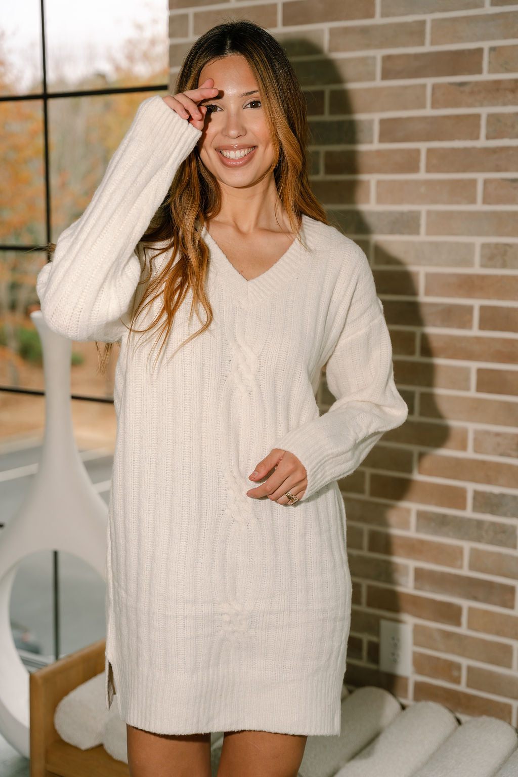 Kamila Ivory Cable Knit Sweater Dress