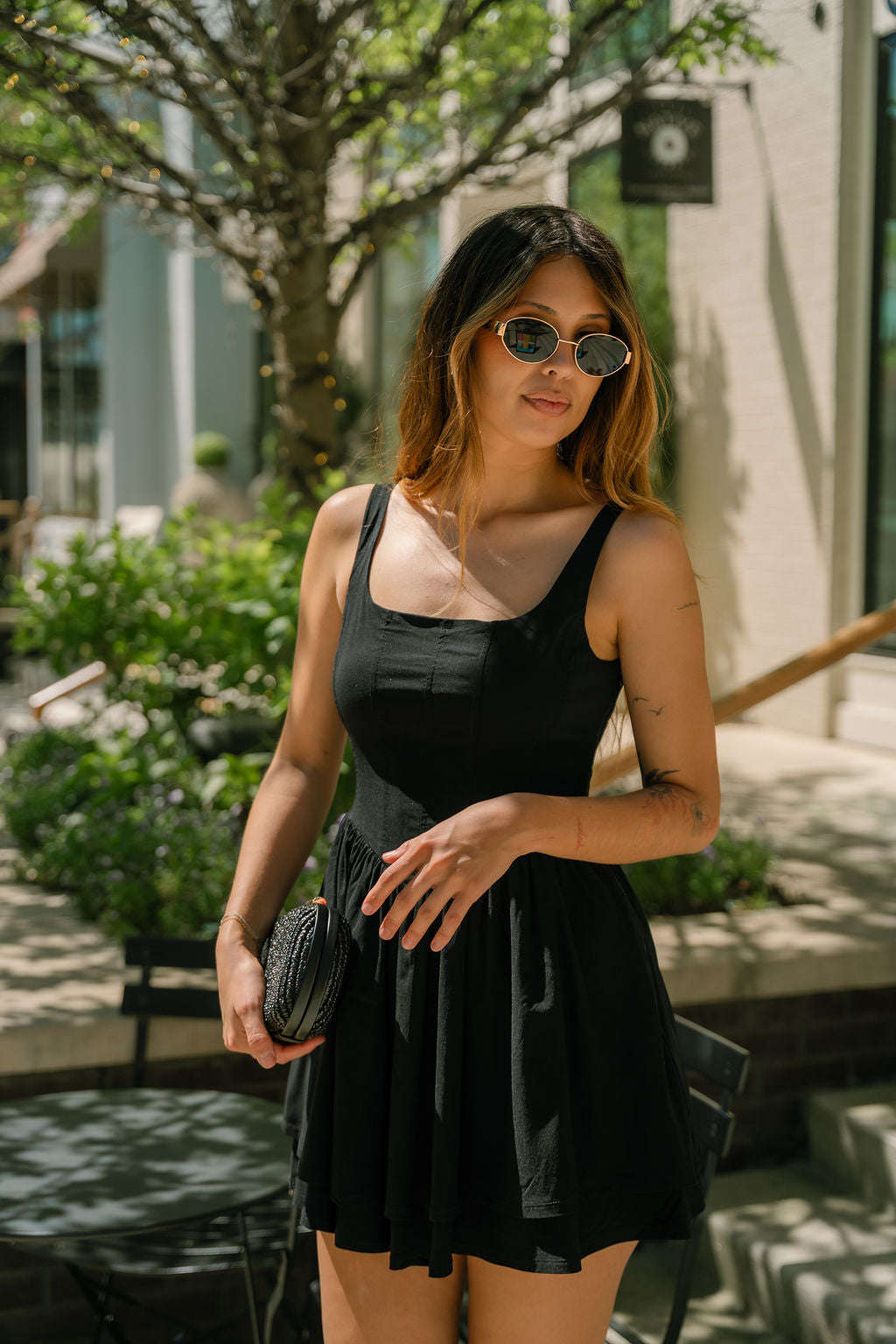 Alexa Black Flare Mini Dress