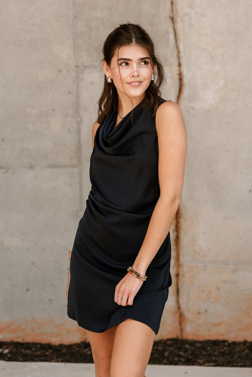Daniela Navy Satin High Neckline Mini Dress