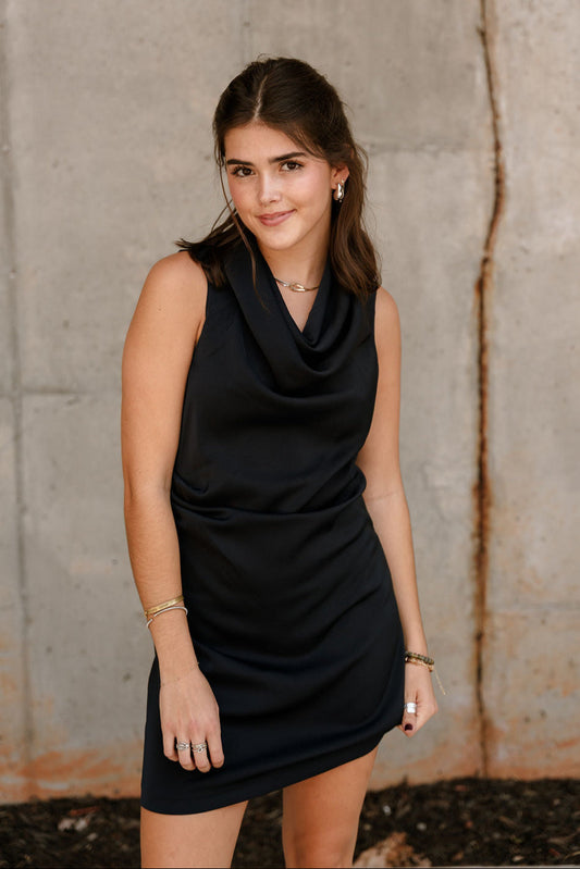 Daniela Navy Satin High Neckline Mini Dress