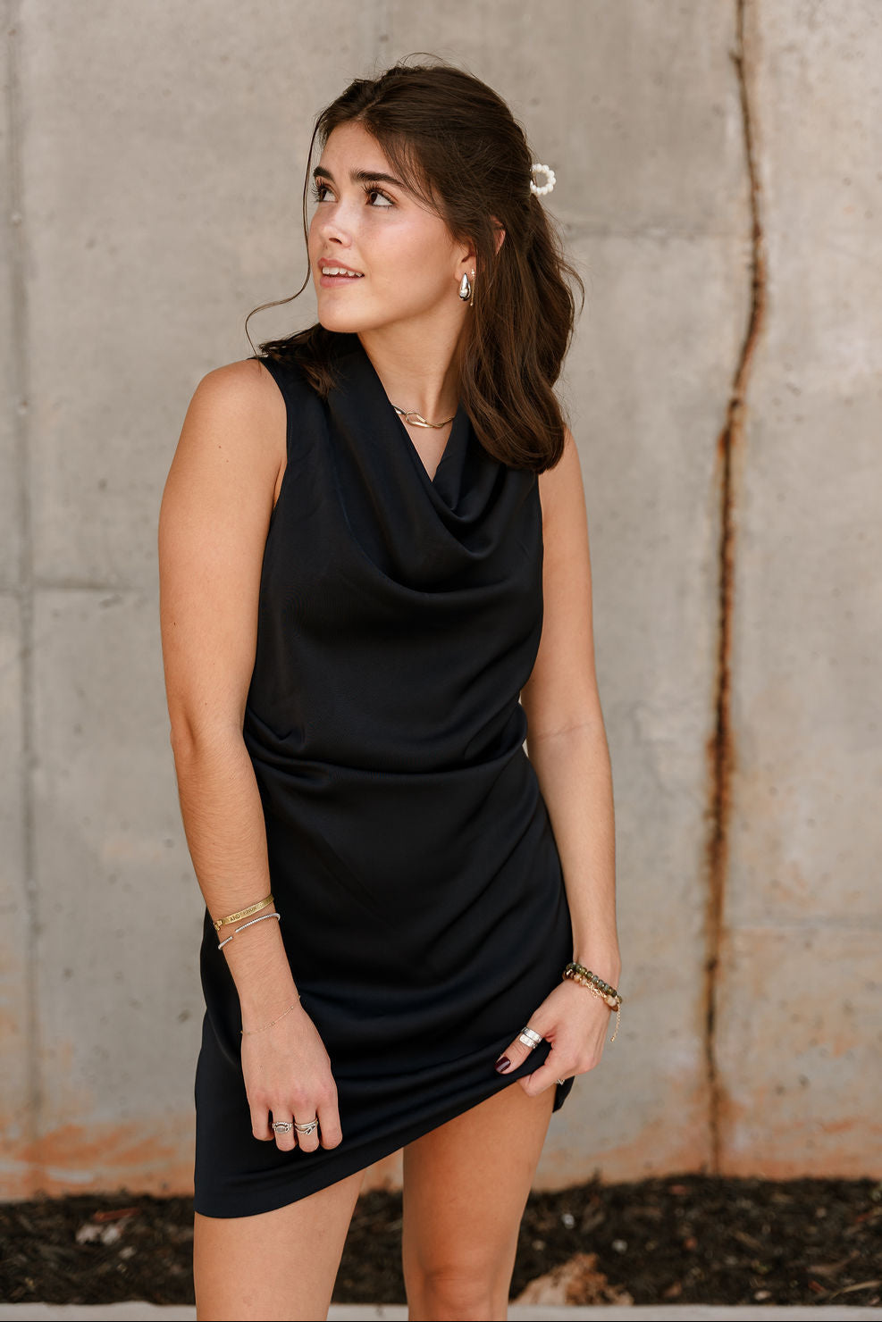 Daniela Navy Satin High Neckline Mini Dress
