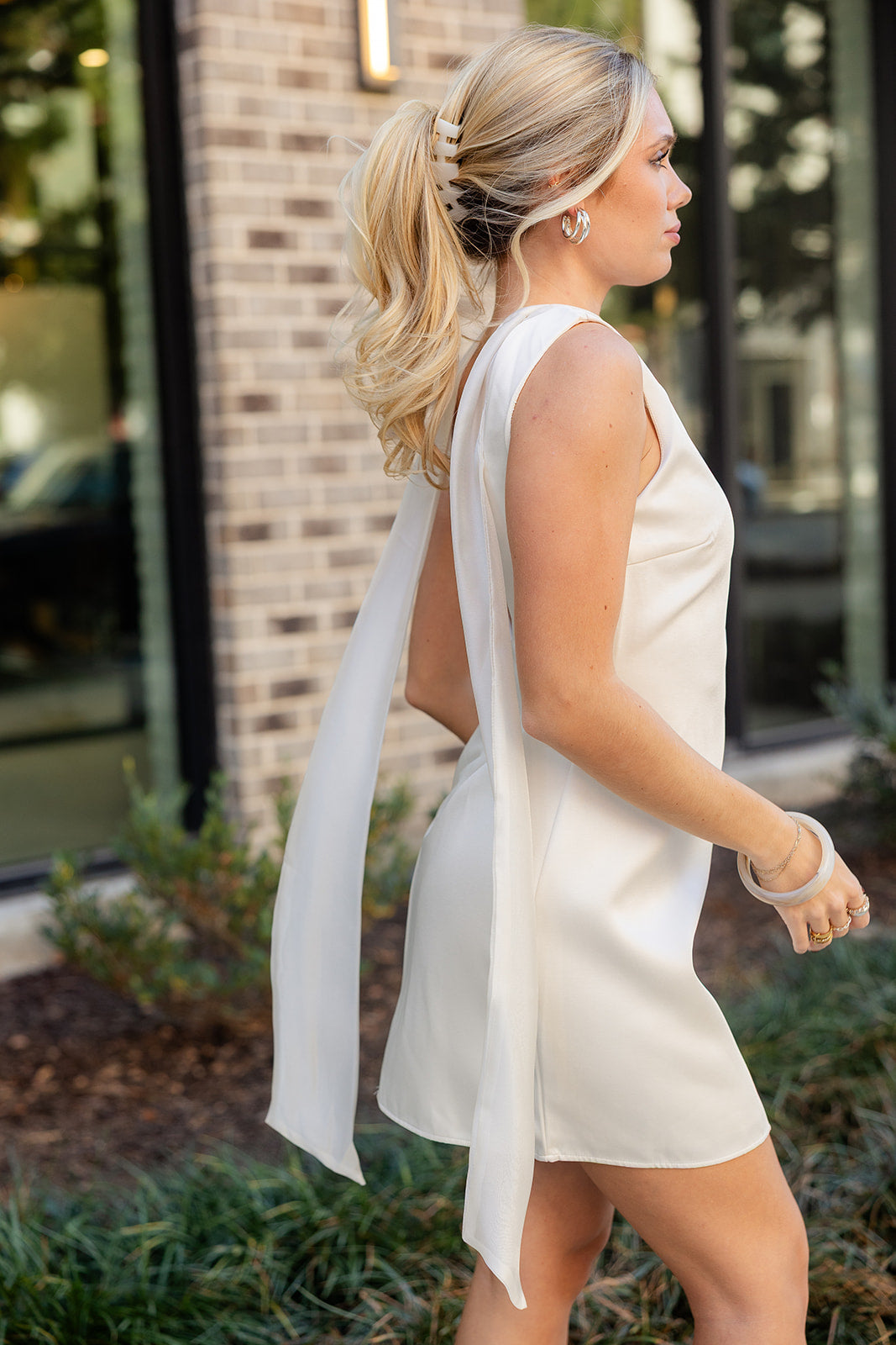 Lena Ivory Satin Scarf Tie Mini Dress