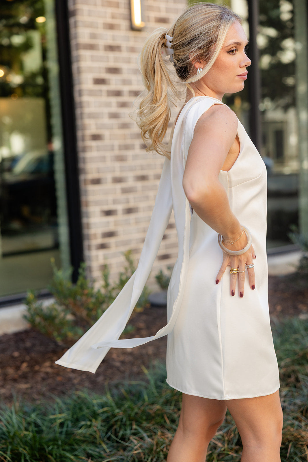 Lena Ivory Satin Scarf Tie Mini Dress