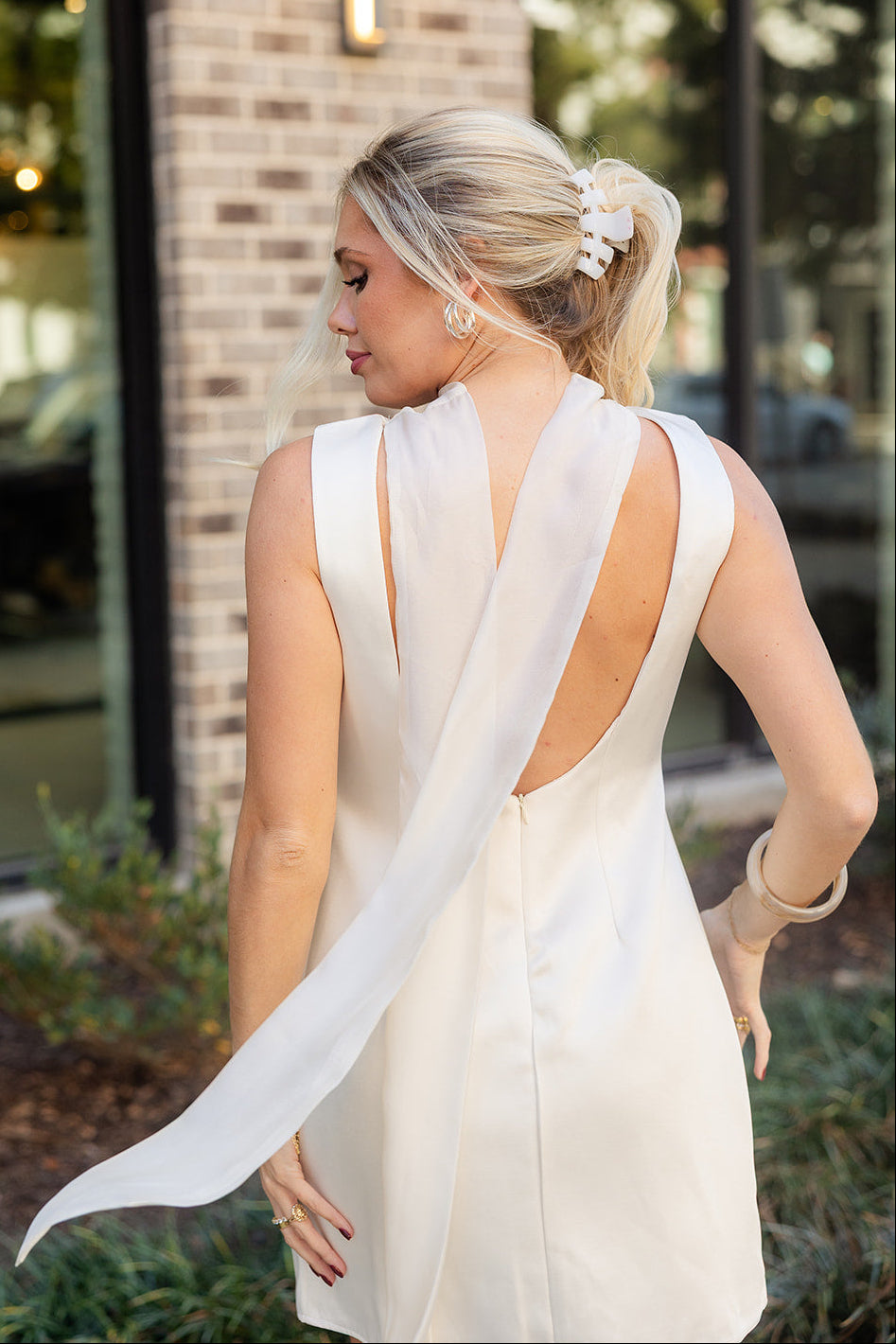 Lena Ivory Satin Scarf Tie Mini Dress