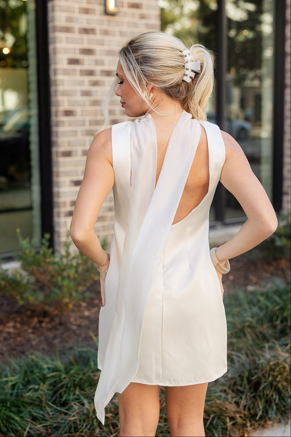 Lena Ivory Satin Scarf Tie Mini Dress