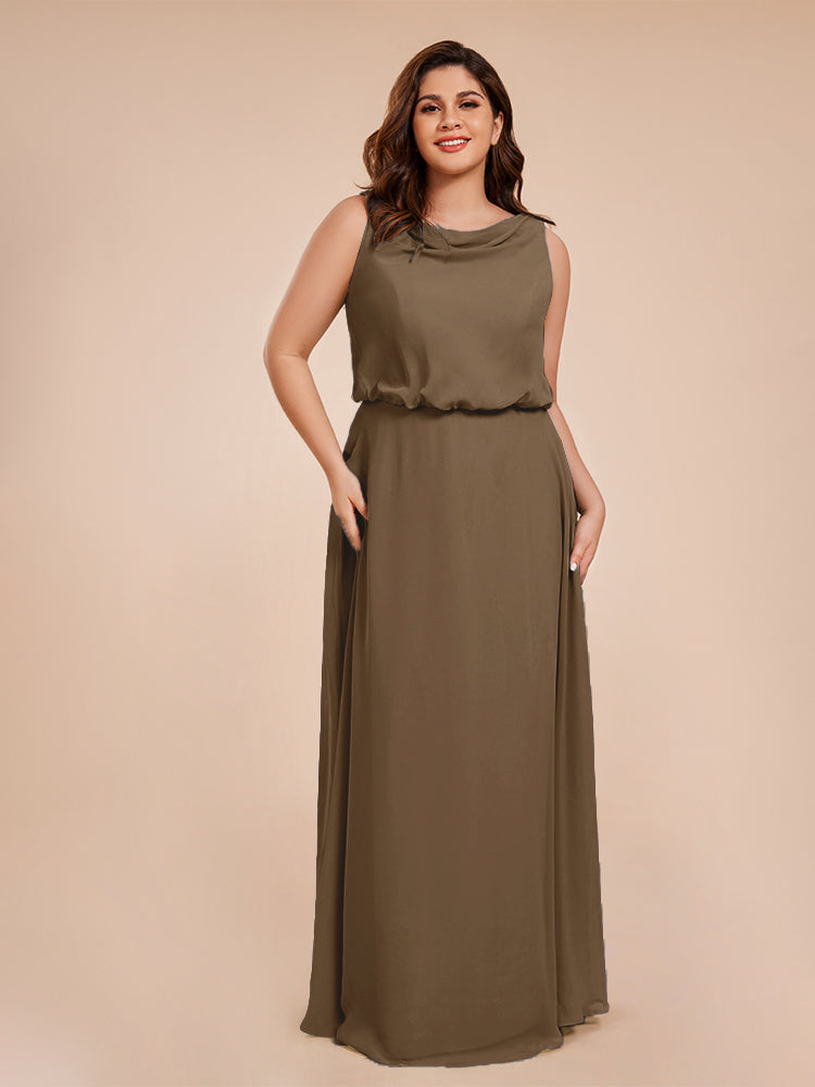 Cowl Neck Chiffon Plus Size Long Bridesmaid Dresses