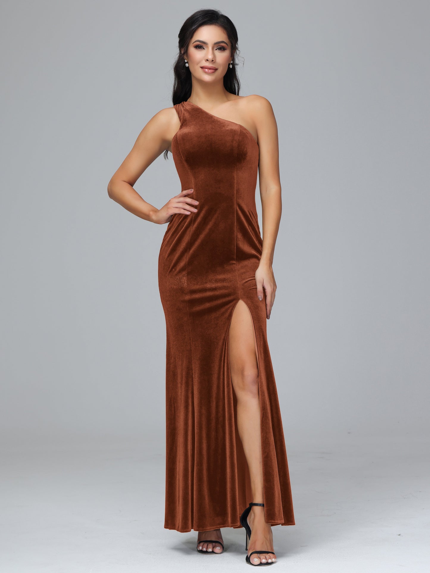 One Shoulder Plus Size Velvet Bridesmaid Dress With Slit