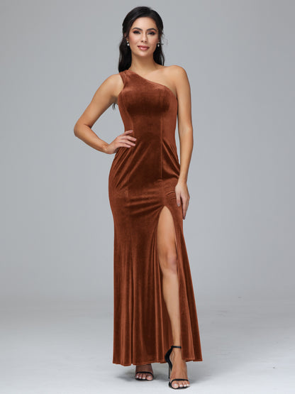 One Shoulder Plus Size Velvet Bridesmaid Dress With Slit