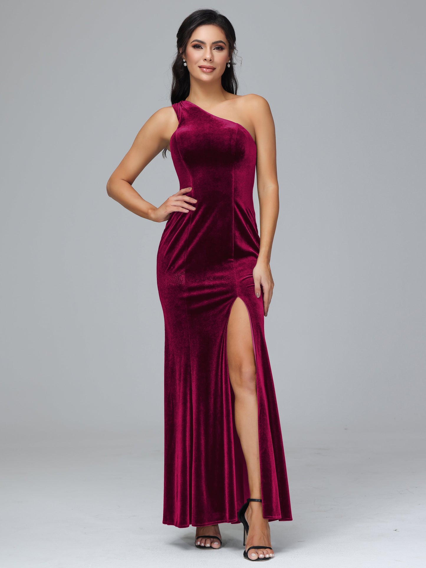 One Shoulder Plus Size Velvet Bridesmaid Dress With Slit