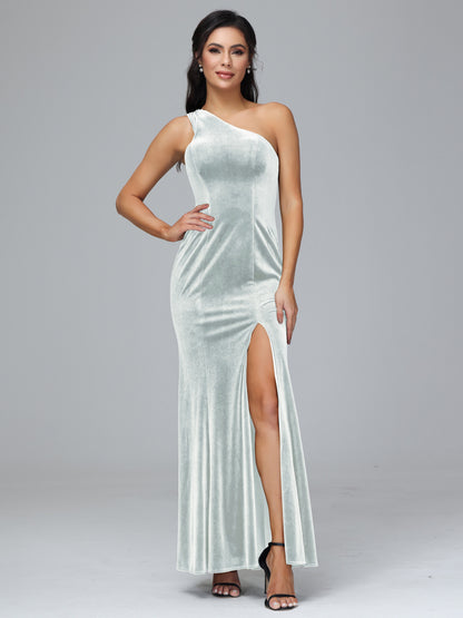 One Shoulder Plus Size Velvet Bridesmaid Dress With Slit