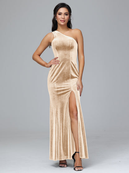 One Shoulder Plus Size Velvet Bridesmaid Dress With Slit