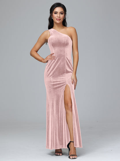 One Shoulder Plus Size Velvet Bridesmaid Dress With Slit