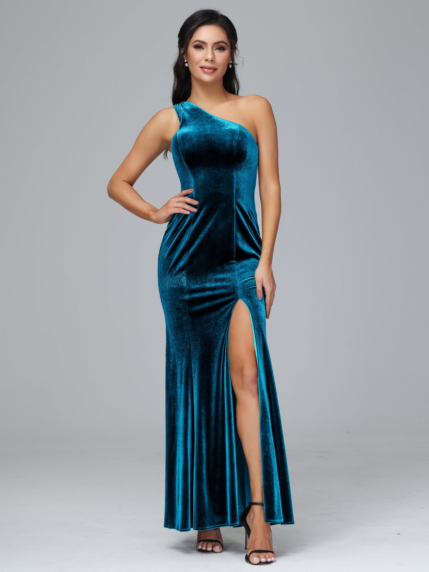 One Shoulder Plus Size Velvet Bridesmaid Dress With Slit
