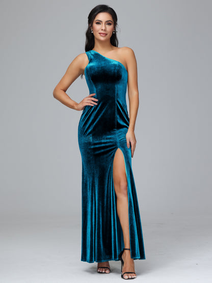 One Shoulder Plus Size Velvet Bridesmaid Dress With Slit