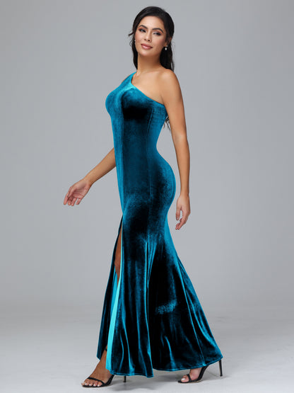 One Shoulder Plus Size Velvet Bridesmaid Dress With Slit