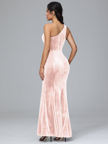 One Shoulder Plus Size Velvet Bridesmaid Dress With Slit