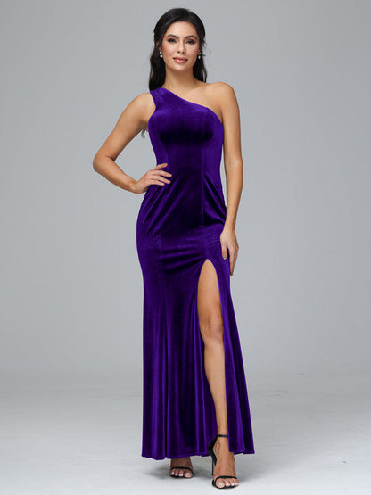 One Shoulder Plus Size Velvet Bridesmaid Dress With Slit