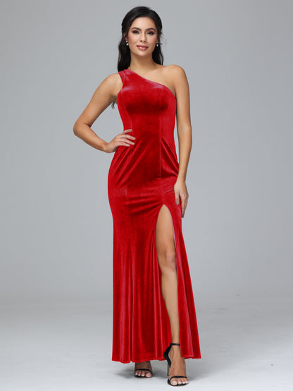 One Shoulder Plus Size Velvet Bridesmaid Dress With Slit
