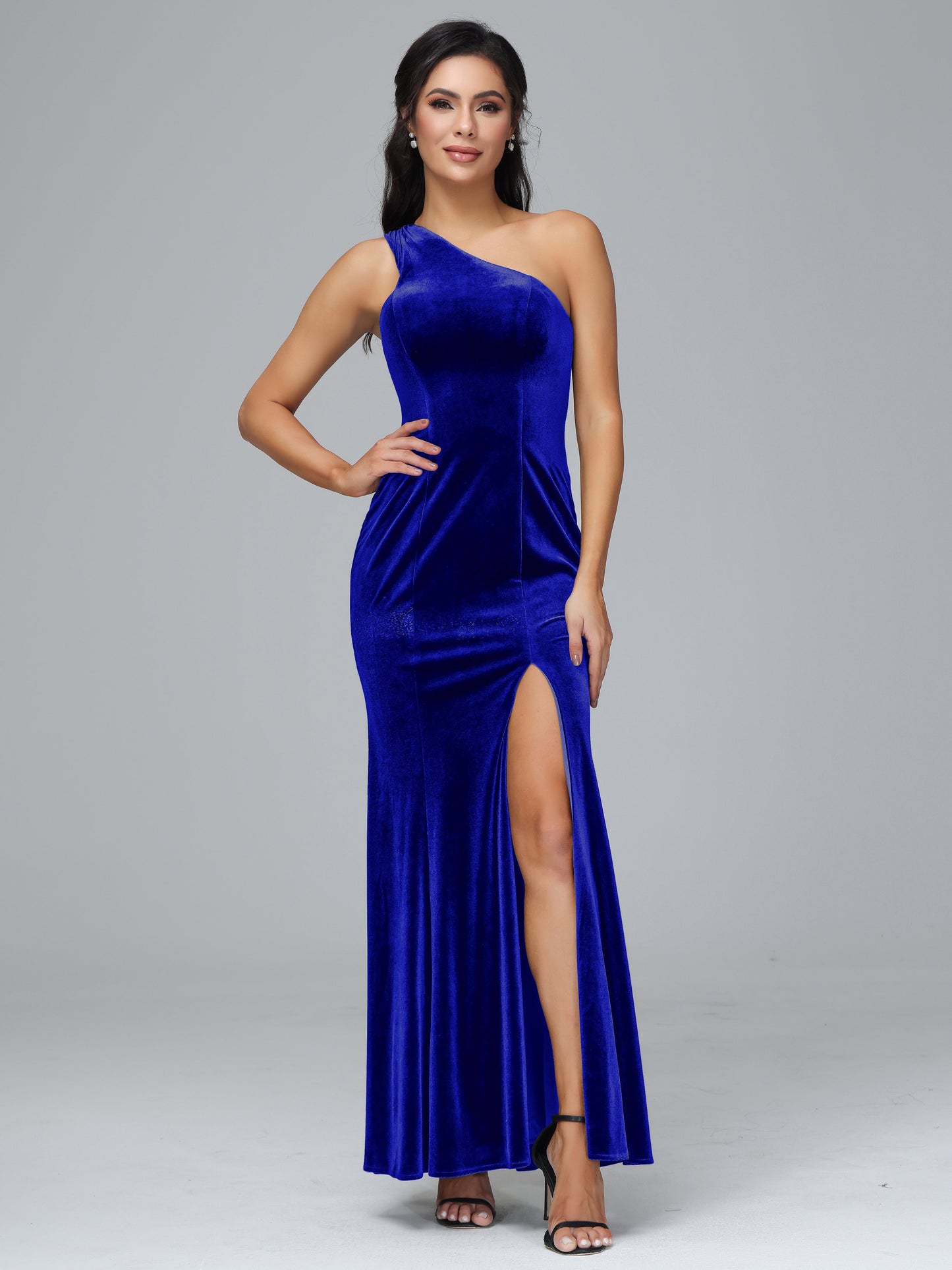 One Shoulder Plus Size Velvet Bridesmaid Dress With Slit