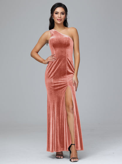 One Shoulder Plus Size Velvet Bridesmaid Dress With Slit