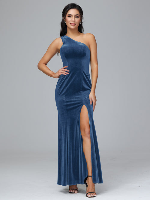 One Shoulder Plus Size Velvet Bridesmaid Dress With Slit