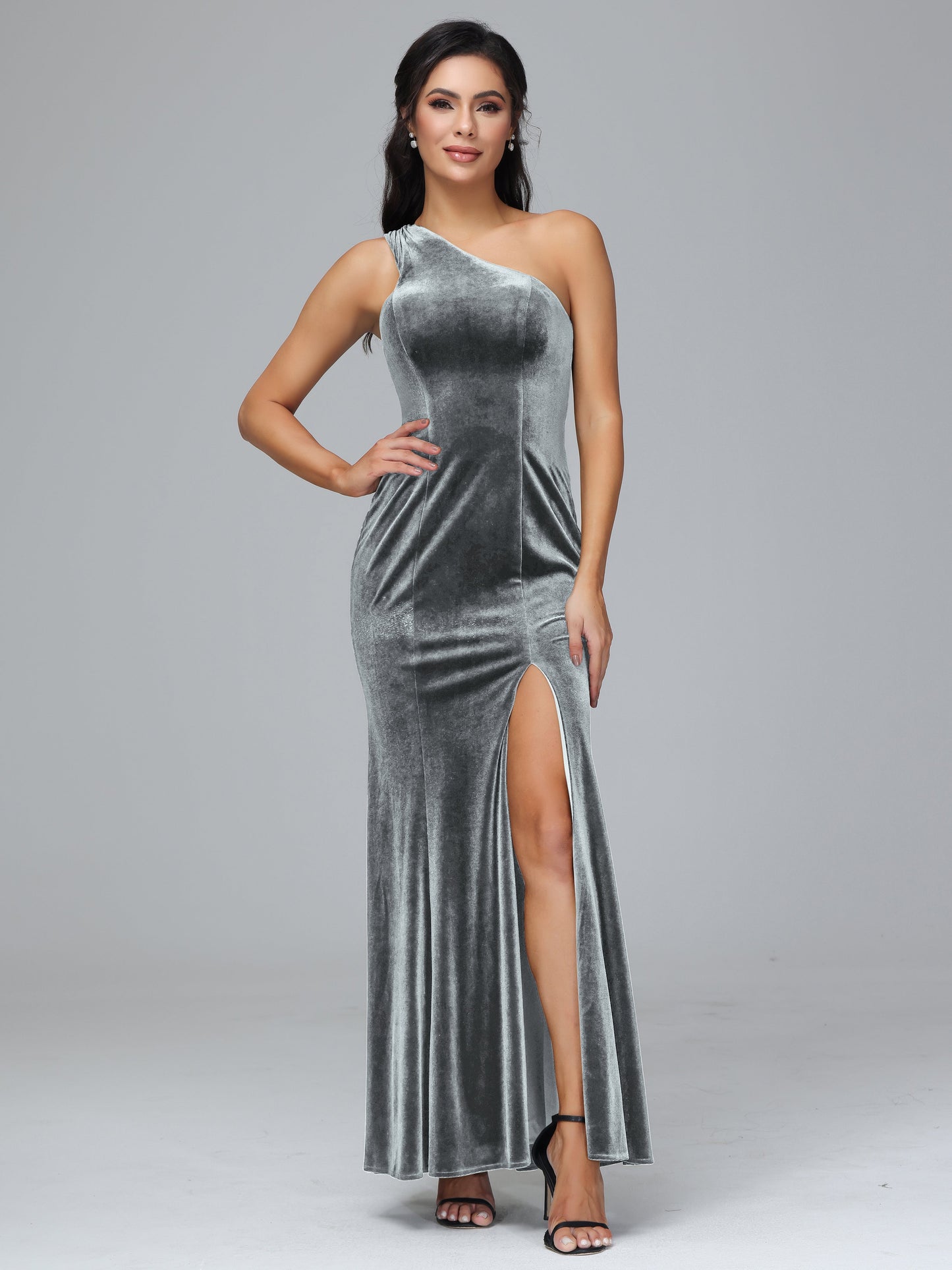 One Shoulder Plus Size Velvet Bridesmaid Dress With Slit