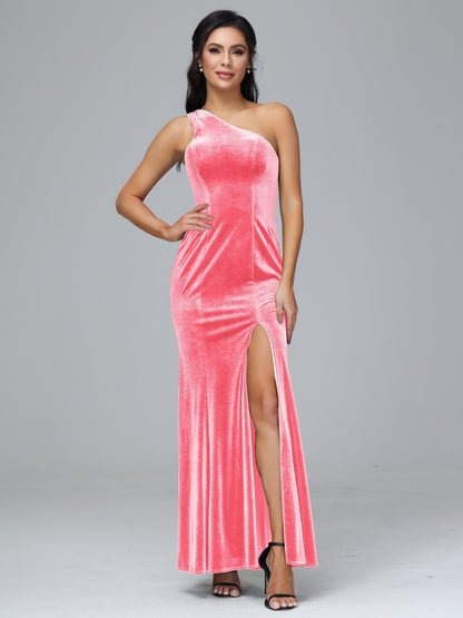 One Shoulder Plus Size Velvet Bridesmaid Dress With Slit